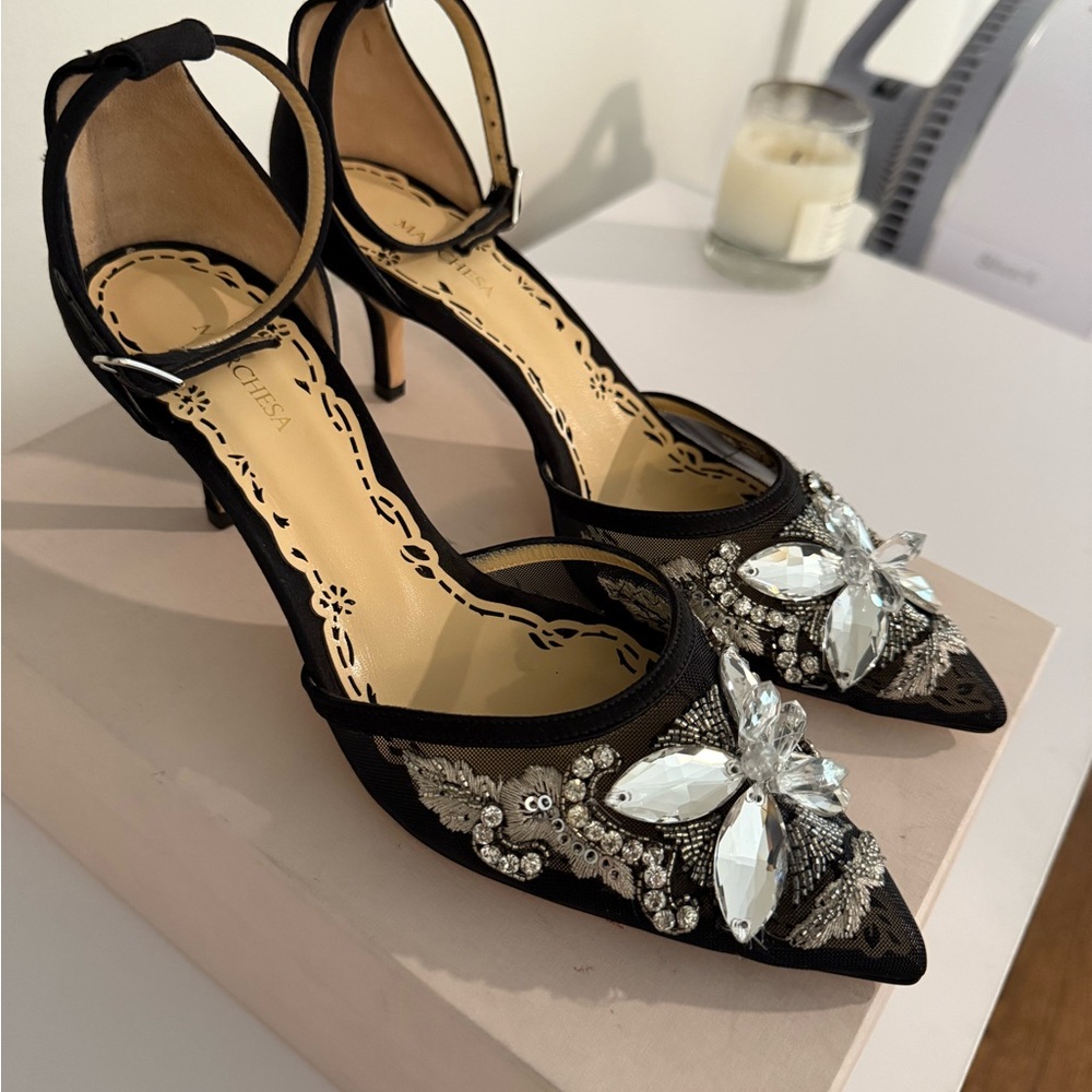 Marchesa Black Embellished Heels with Pointed Toe